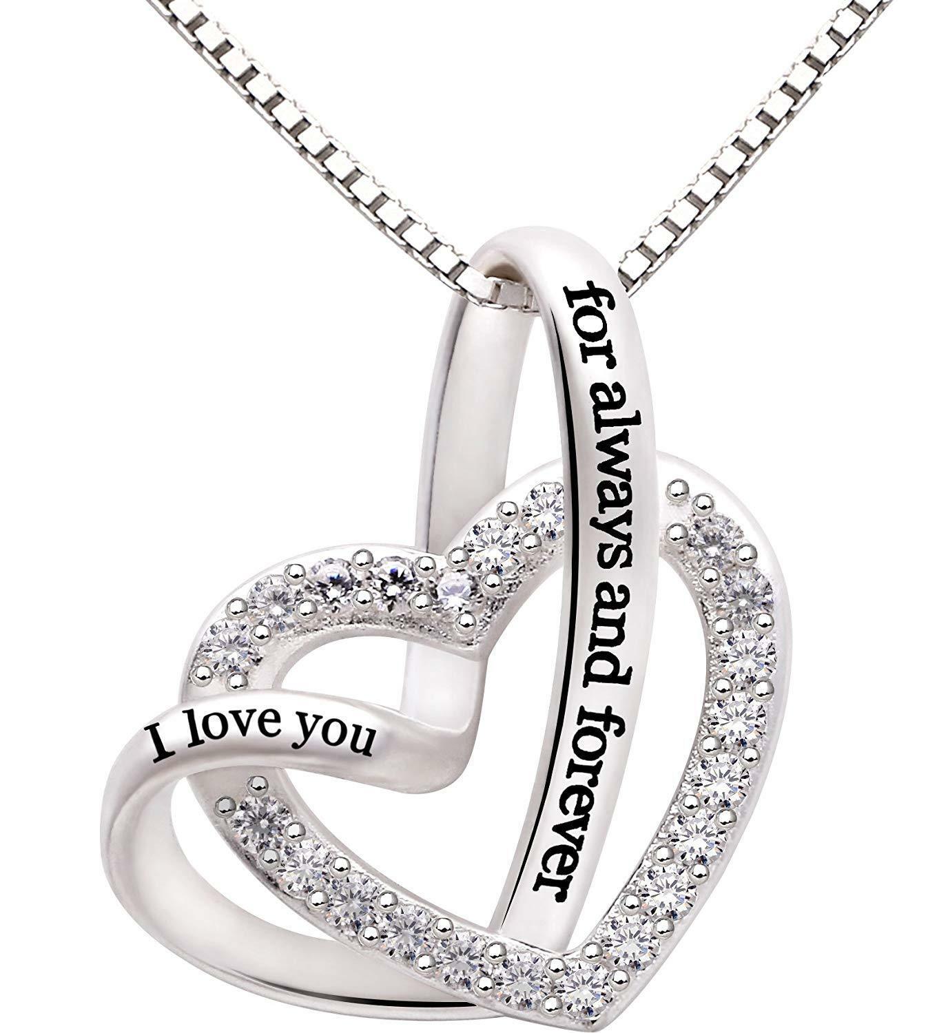 "I Love you Forever and Always" Heart Necklace Embellished with  Crystals in 18K White Gold Plated