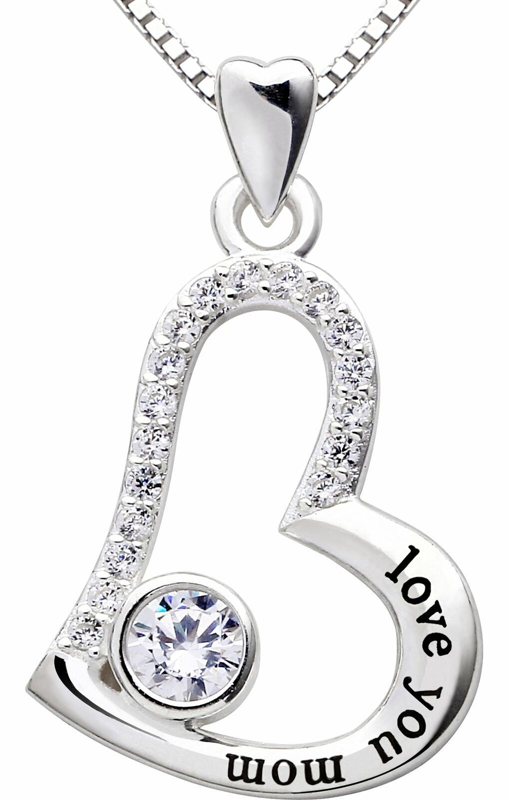 "I Love you MOM" Heart Necklace Embellished with  Crystals in 18K White Gold Plated