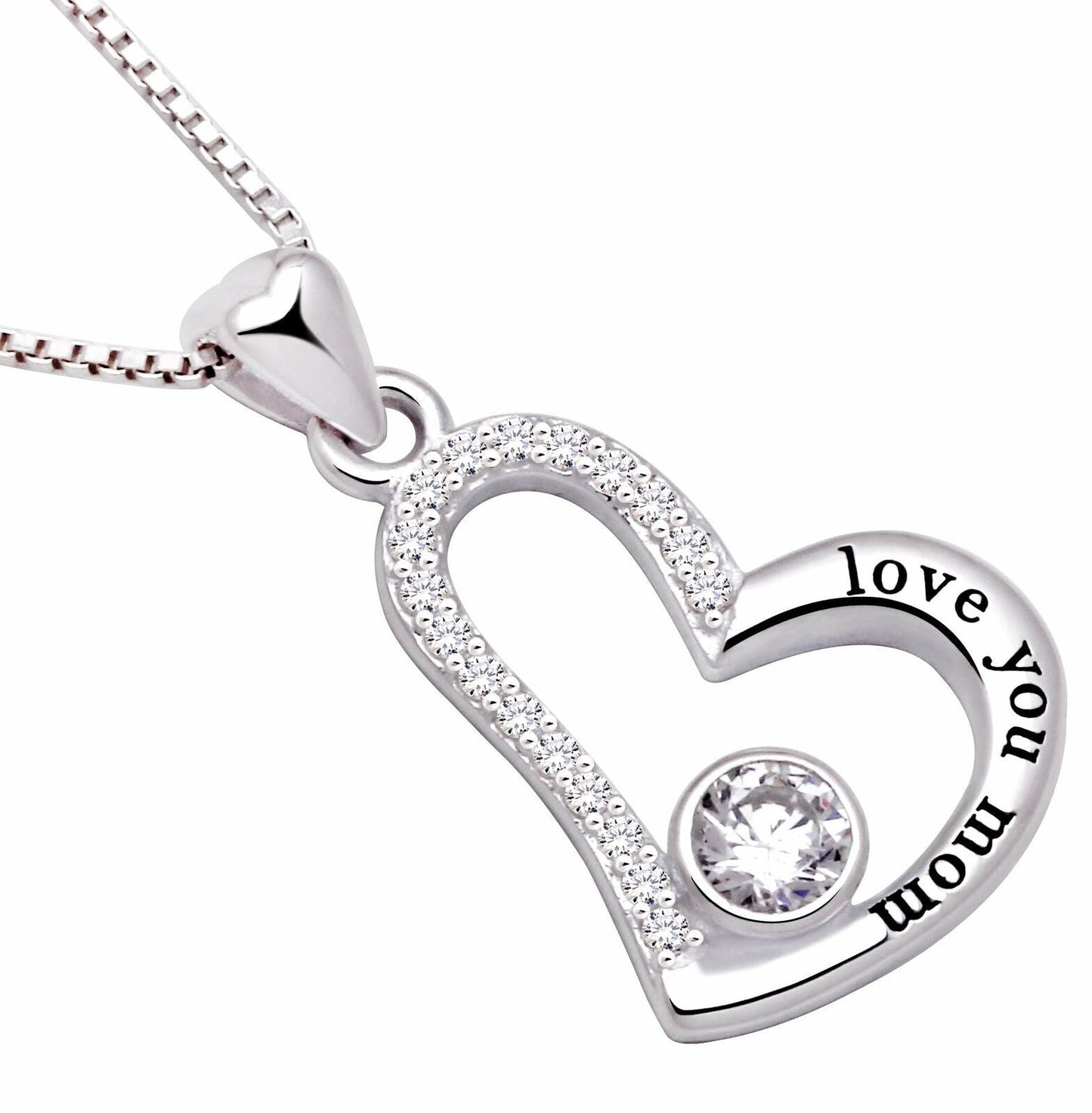 "I Love you MOM" Heart Necklace Embellished with  Crystals in 18K White Gold Plated