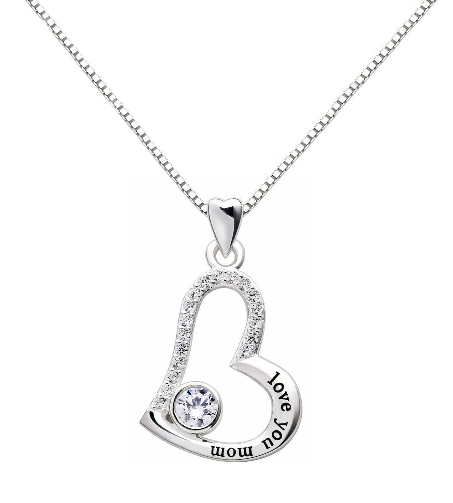 "I Love you MOM" Heart Necklace Embellished with  Crystals in 18K White Gold Plated