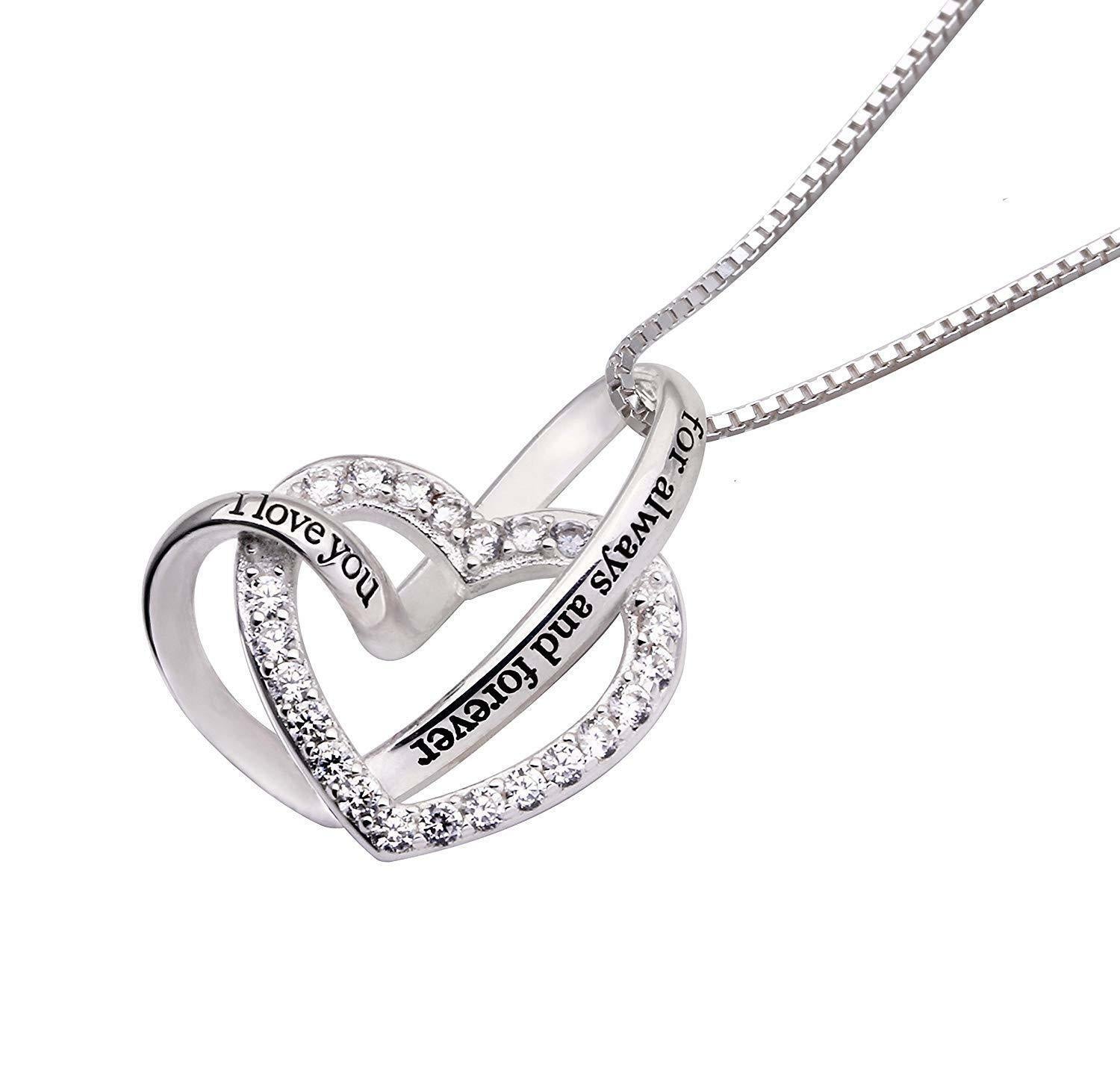 "I Love you Forever and Always" Heart Necklace Embellished with  Crystals in 18K White Gold Plated