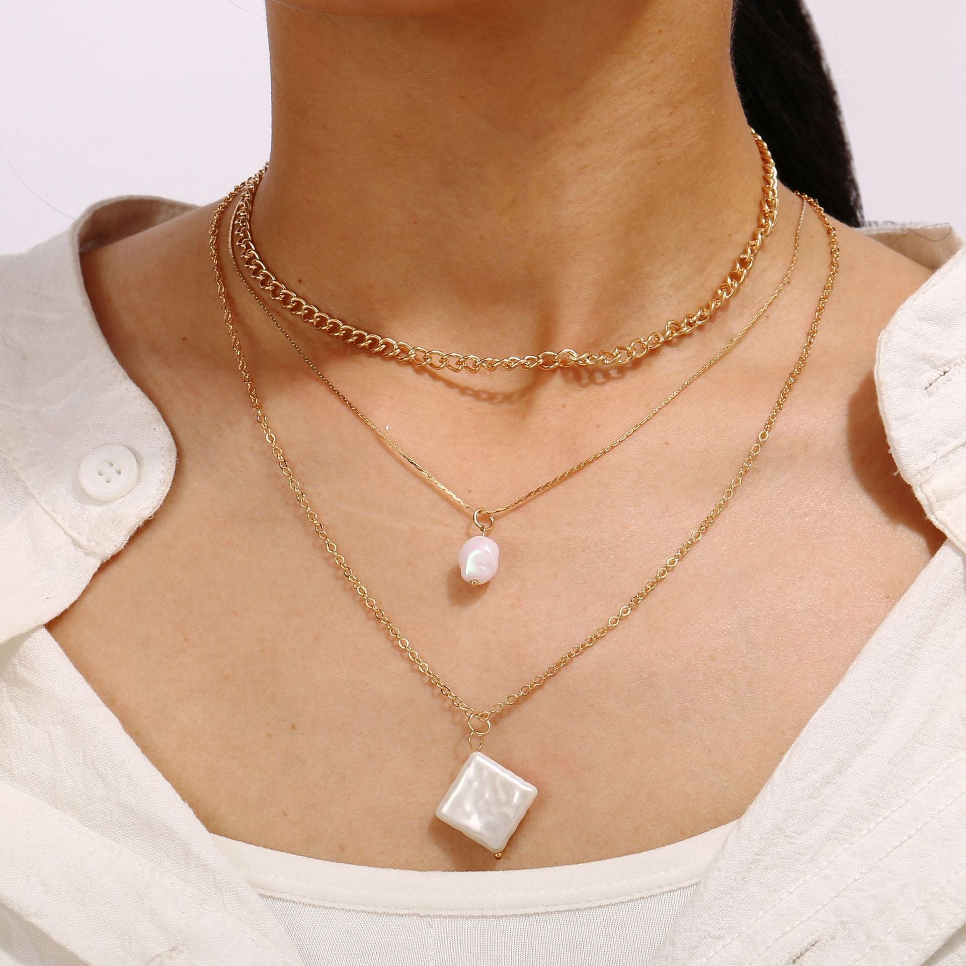 3 Piece Pearl Linear Chain Necklace in 18K Gold Plated ITALY Design